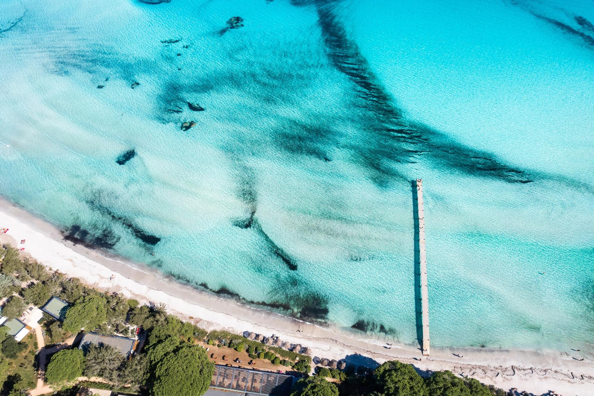 Vue de drône d'une plage paradisiaque avec un pont aux alentours des oliviers de Palombaggia en Corse-du-Sud.